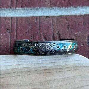 Nakai Sterling Silver Turquoise & Etched Cuff Bracelet Vintage